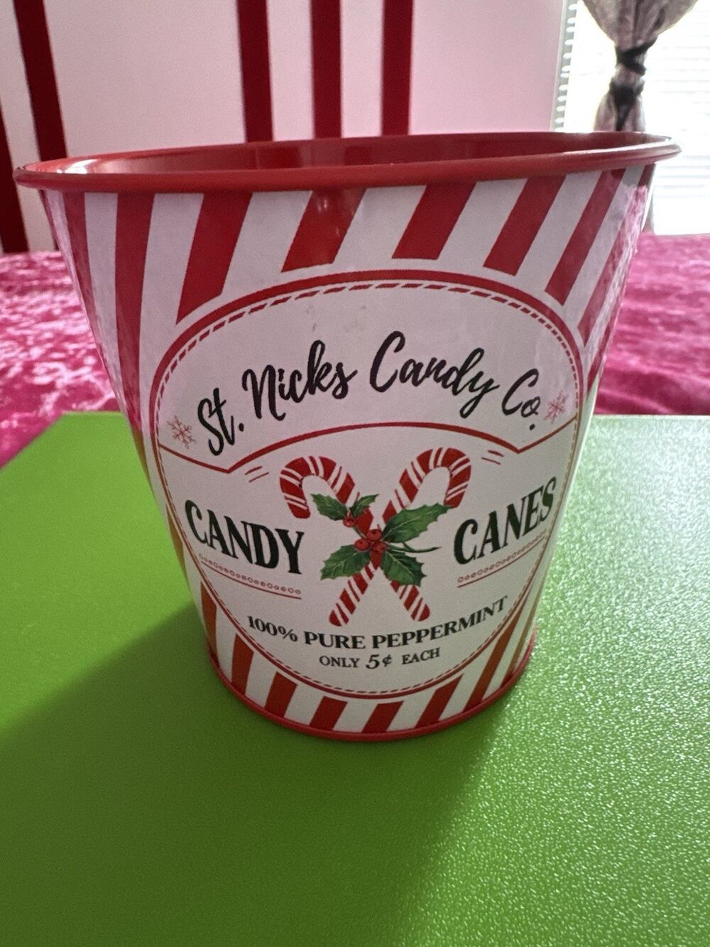 St. Nick Candy Co. Metal Bucket Red White Christmas Candy Cane Stripes